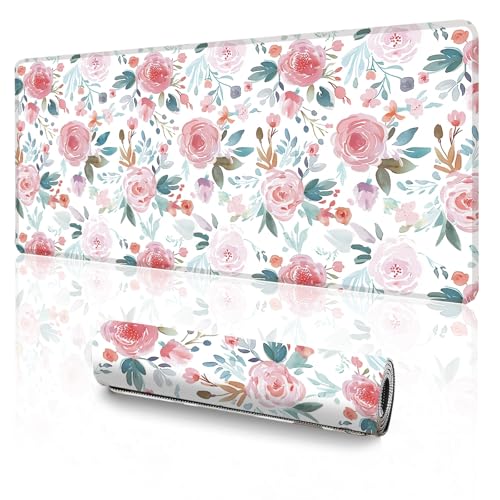 Pink Floral Mouse Pad (31.5 x 11.8 Inch), Large Watercolor Rose Desk Mat, Cute Botanical Pattern with Teal Leaves, Non-Slip Laptop Base, Spring Office Decor - color: Watercolor Garden, size: 11.8x31.5''