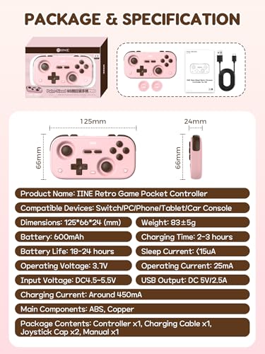 IINE Retro Pocket Game Controller with Hall Effect Joysticks, Switch 1 & 2 Compatible, Wireless Gamepad for Steam Deck, PC, Android, iOS, Customizable D-Pad, Vibration & Motion Control (Berry Choco) - color: Berry Choco