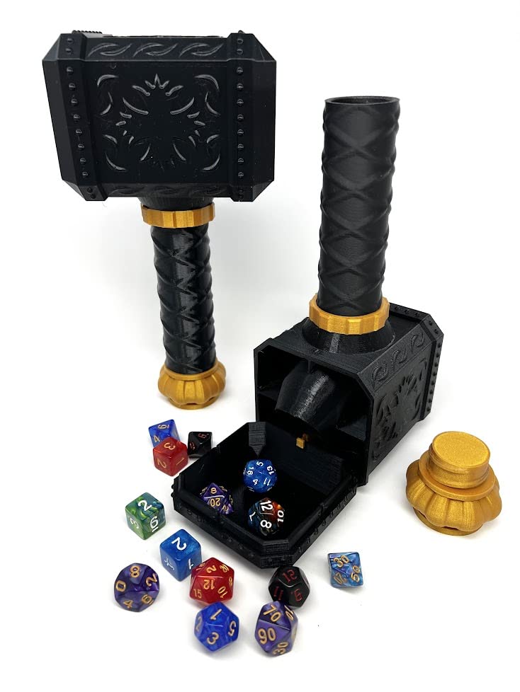 Hammer Dice Tower (Random 7PCS D20 Set Included) - Holder and Roller - Tabletop RPG Accessory for Dungeons and Dragons, DND, D&D - (Obsidian)