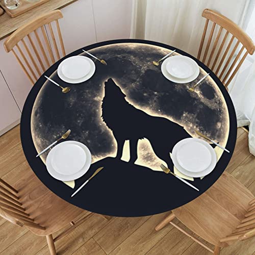 Famame Full Moon Howling Wolf Round Fitted Tablecloth with Elastic Protector Table Cloth Kitchen Dinner Waterproof Oil-Proof Table Covers Fits 40"-44", Small - color: Full Moon Howling Wolf