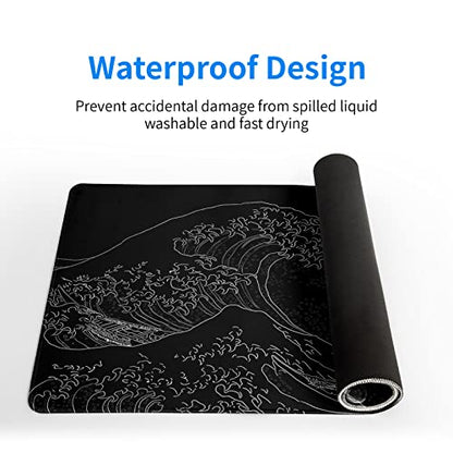 Brecoy Japanese Sea Wave Large Mouse Pad, Anime Black Gaming, Extended Kanagawa Mat Desk Pad, 3mm Thick Long Non-Slip Rubber Base Mice Pad, 31.5 X 11.8 Inch - color: Black Wave of Kanagawa