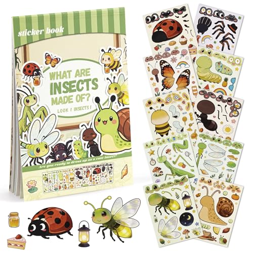 Make Your Own Insect Sticker Book, 10 Bug Stickers Sheets and 1 Scene Card, Spring Crafts for Kids Party Favors and Preschool Activities, Mix and Match for Water Bottles, Gifts, Cards - style: Insect