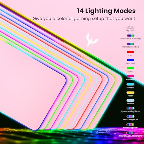 BladeHawks RGB Gaming Mouse Pad Extra Large Extended 31.5x12 Inch-Pink | LED mouse pad with 14 lighting modes, covers keyboard & mouse, anti-slip rubber base, waterproof surface, USB powered - color: Pink