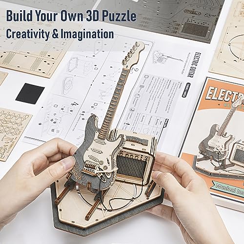 Rowood 3D Puzzles for Adults, DIY Wooden Model Kit for Adults to Build, STEM Electric Guitar Desk Toy Project, Birthday Gifts for Music Lovers