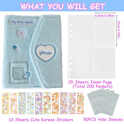 Kpop Photocard Binder with 6 Stickers Sheet & 50 Shinning Protective Sleeves Kpop Photocard Holder Book with Kpop Photocard, A5 Binder Photocard Album 30 Inner Pages with 240 Pockets (Skyblueplush) - color: Skyblueplush