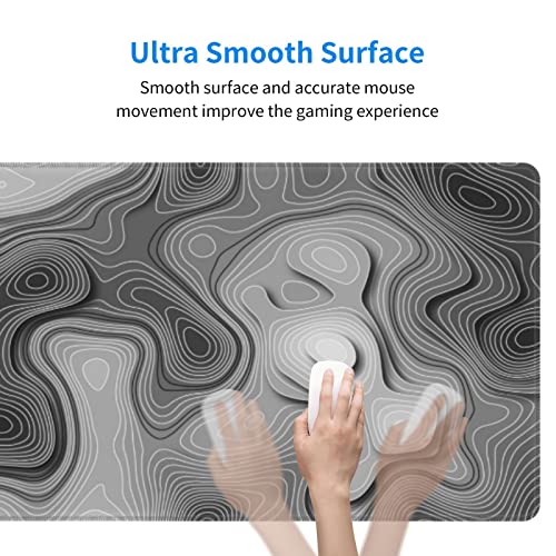 3D Topographic Map Mouse Pad Grey White Gaming Mouse Pad XL Desk Mat Large Desk Pad Non-Slip Rubber Base Keyboard Mouse Mat with Stitched Edges for Home Office Work - color: Grey White
