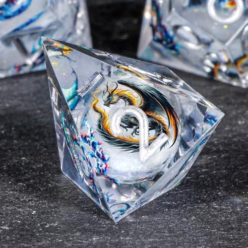 OUKELANWO Liquid Core Dragons Stickers DND Dice Set D&D, 7Pcs Dungeons D and D Role Playing Dice with Gift Box, Resin Sharp Edge Dice D20 D12 D10 D8 D6 D4, White - color: White