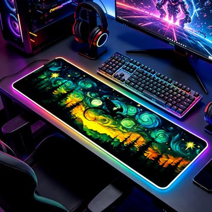RGB Fantasy Starry Night Forest and Dragon Gaming Desk Mat, Computer Keyboard Large Extended Long LED Mouse Pad for Office and Home, XL (W05) - color: Rgb-w05