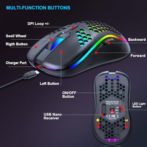 Wireless Gaming Mouse, Rechargeable Computer Mouse Ergonomic Mice Honeycomb Design with RGB Backlight, USB Receiver, 7 Buttons, Adjustable DPI, Wireless Mouse for PC/Mac/Laptop