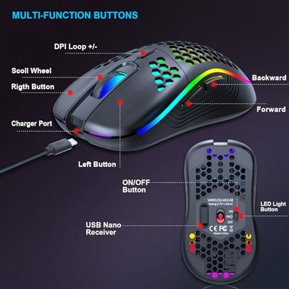 Wireless Gaming Mouse, Rechargeable Computer Mouse Ergonomic Mice Honeycomb Design with RGB Backlight, USB Receiver, 7 Buttons, Adjustable DPI, Wireless Mouse for PC/Mac/Laptop