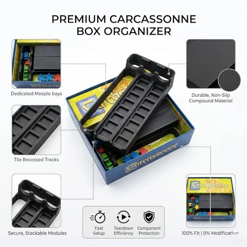 Board Game Insert Organizer Compatible with Carcassonne, Premium Tabletop Storage Solution for Base Game and Multiple Expansions, Wooden/Polymer Tile and Meeple Holder (Game NOT Included)