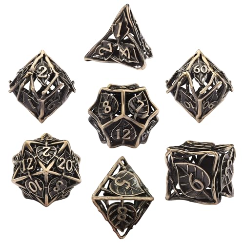 AUSTOR Metal DND Dice Set 7 Pieces Leaf DND Dice Hollow Polyhedral Dice D20 D12 D10 D% D8 D6 D4 Metal Dice with Metal Box for Dungeons & Dragons RPG Board Games (Antique Bronze) - color: Antique Bronze