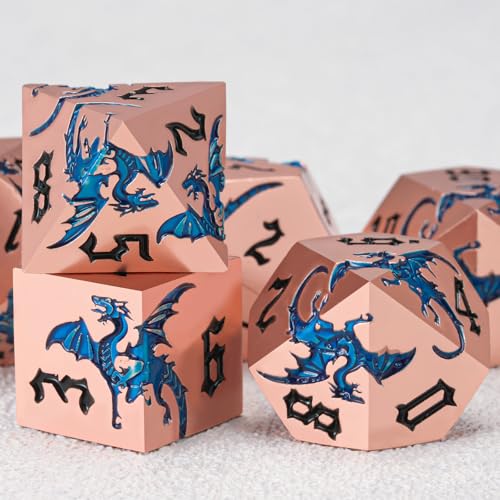 Metallic DND Dragon Dice Set,Metal Sharp Edge Polyhedral Dice with Dragon for Dungeons and Dragons RPG TTRPG D&D 7-Die Set with Gift Case Dragon-Pearl Red Copper Transparent Blue - color: Dragon-pearl Red Copper Transparent Blue