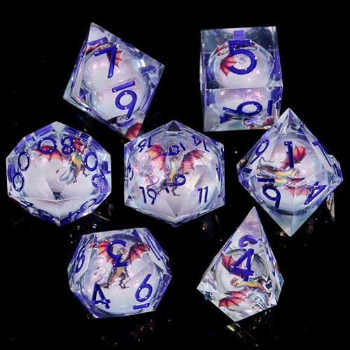 Dragon Pattern Polyhedral Dice Set, 7-Piece Clear Resin with Blue Numbers, D20 D12 D10 D8 D6 D4 D%, Fantasy Theme for Dungeons D and D RPGs, MTG, Pathfinder and Board Games - color: Resin Dragon-deep Blue