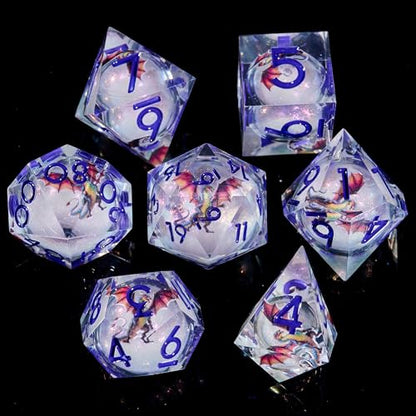 Dragon Pattern Polyhedral Dice Set, 7-Piece Clear Resin with Blue Numbers, D20 D12 D10 D8 D6 D4 D%, Fantasy Theme for Dungeons D and D RPGs, MTG, Pathfinder and Board Games - color: Resin Dragon-deep Blue