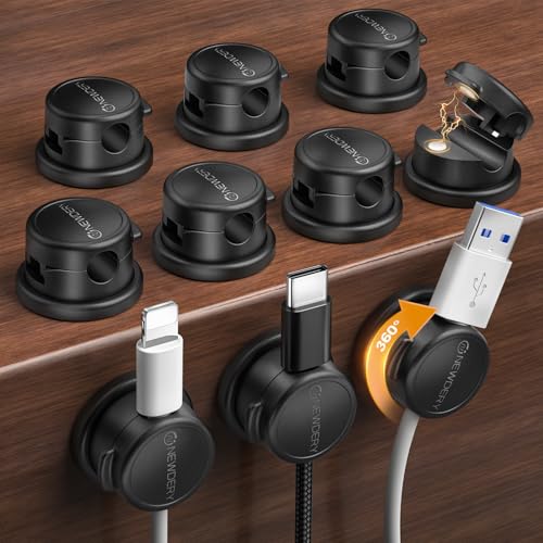 NEWDERY 360° Swivel Magnetic Cable Organizer - 10 Pack Rotatable Cable Clips for Office Desk Accessories - Magnetic Cord Holder for Nightstand Organization, Charger Holder for Car & Gaming Setup-Black - color: Black, size: 10 Pack