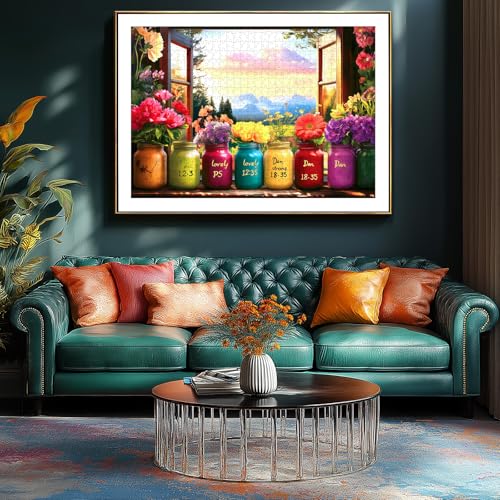 Christian Bible Puzzles for Adults 1000 Pieces, Wishful Window Religious Puzzles with Inspirational Verses, Impossible Challenging Puzzle Perfect for Family Game Nights,Include Poster & A-F Letter - color: Flowers Jars