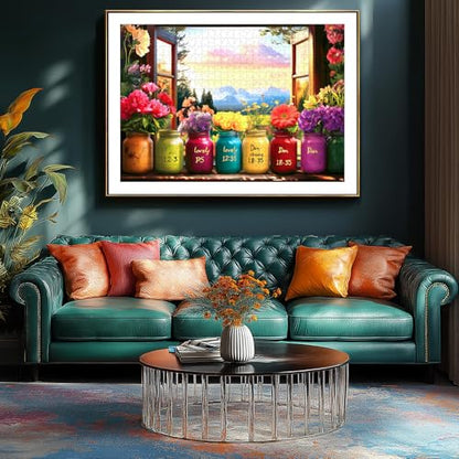 Christian Bible Puzzles for Adults 1000 Pieces, Wishful Window Religious Puzzles with Inspirational Verses, Impossible Challenging Puzzle Perfect for Family Game Nights,Include Poster & A-F Letter - color: Flowers Jars