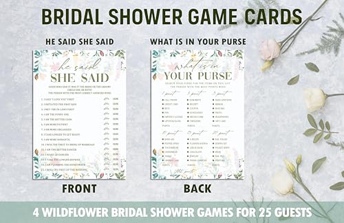 Wildflower Bridal Shower Games Set, 4 Games Includes He Said She Said, Would She Rather, What is in Your Purse, Bride Feud, 50 Double-Sided Cards, Wedding Party Supplies -02 - style: 4 Games Set-02