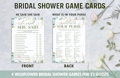 Wildflower Bridal Shower Games Set, 4 Games Includes He Said She Said, Would She Rather, What is in Your Purse, Bride Feud, 50 Double-Sided Cards, Wedding Party Supplies -02 - style: 4 Games Set-02