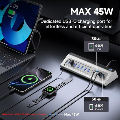 Gitfos Powered USB Hub, 18 in 1 USB C Hub with 4K HDMI, 10Gbps, PD 100W | USB C 45W Charge, SD/TF, Audio, Smart Button,65W Adapter,Aluminum USB Hub for Laptop,Mac,Mac Mini, iMac, iPhone 17/16, iPad - size: 18 IN 1