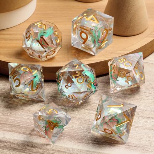 DNDND Green Dragon Dice with Golden Numbers | Liquid Core 7-Piece Sharp Edge D&D Dice Set | Dragon Themed Collectible Metal Case | RPG Tabletop Gaming Gift - color: Liquid Dragon Green