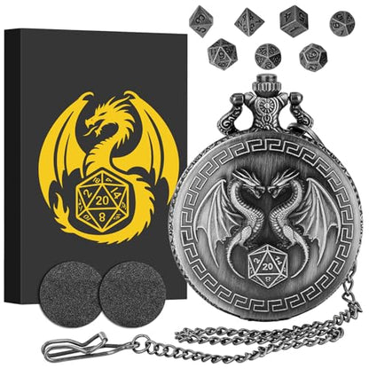 Mini DND Dice Set with Steampunk Double Dragon Pocket Watch Case, Tiny 7-Piece Polyhedral Metal D&D Dice, DND Gifts with Gift Box, Role Playing Game Board Game Accessories Dice, Dark Silver - color: Dark Silver