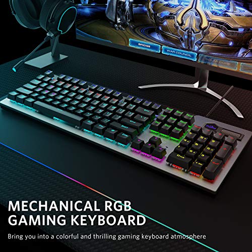 Mechanical Gaming Keyboard, Wired RGB Rainbow Backlit with Blue Switches, Ergonomic Standard Keyboard for PC Gaming