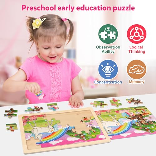 SYNARRY Large Unicorn Princess Fairy Wooden Puzzles for Girls Gift Box(12.2 * 9.4 in), 24 Pcs Puzzles for Kids Ages 4-6, Wood Puzzles for Kids Ages 3-5, Easter Basket Stuffers Gifts for Kids - style: Unicorn