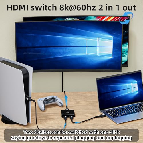 HDMI 2.1 Switch 2 in 1 Out 8K@60Hz, 4K@144Hz, Bi-Directional, Touch Control, VRR, Dynamic HDR, HDCP 2.3, 48Gbps, Zero Lag for PS5/Xbox Series X/Apple TV 8K/Roku Ultra/Fire Stick 8K Max