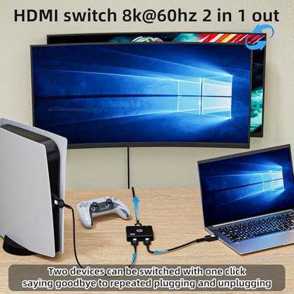 HDMI 2.1 Switch 2 in 1 Out 8K@60Hz, 4K@144Hz, Bi-Directional, Touch Control, VRR, Dynamic HDR, HDCP 2.3, 48Gbps, Zero Lag for PS5/Xbox Series X/Apple TV 8K/Roku Ultra/Fire Stick 8K Max
