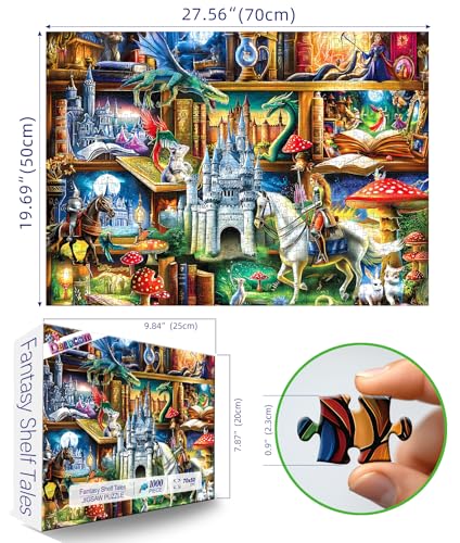 1000 Piece Fantasy Castle Bookshelf Jigsaw Puzzle for Adults, Dragons and Knights Theme, Fairy Tales Magical Castles Scene, Challenging Puzzle & Artwork - color: Fantasy Bookshelf