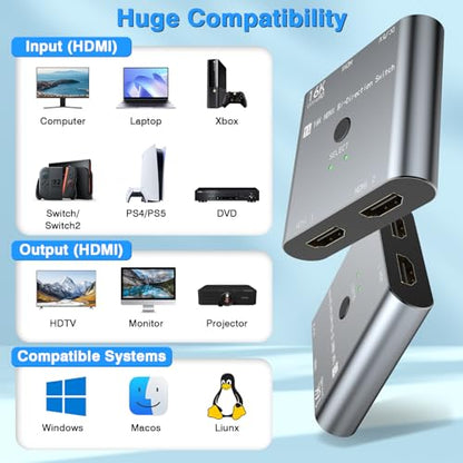 HDMI 2.1 Switch 8K/16K, 2 in 1 Out HDMI Splitter Selector 4K@240Hz 16K@30Hz/8K@60Hz Support DTS VRR HDR10+ Dolby, 48Gbps for Switch, PS5/4, Xbox, Roku, Firestick, TV etc.