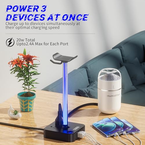 RGB Headphone Stand with USB Charger COZOO Desktop Gaming Headset Holder Hanger with 3 USB Charger and 2 Outlets - Great for Gaming, DJ, Wireless Earphone Display,Gamer PC Accessories Boyfriend Gifts | Gaming Headset Stand Holder for Desk, 3 USB(1 USB C)