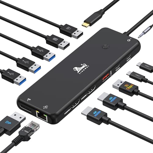 13-in-1 Docking Station Dual Monitor 4K LIONWEI USB C Hub for Laptop Mac | Triple 4K, Dual HDMI+DP, 10Gbps, 100W PD, Ethernet, 8 USB C/A Ports, with Switching Mode Botton, Audio, for Dell,HP,Lenovo - color: 13-in-1 Black