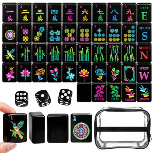 162 American Mahjong Tile Set, 1.2” Black Mini Travel Size Engraved Melamine Mahjong Tiles with 1 PVC Storage Bag & 3 Dice for Adults, Family Game Night, Mahjong Gifts - color: Black