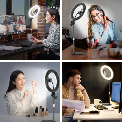 10'' Desk Ring Light with Stand – Zoom Lighting with Phone Holder for Computer・Video Calls・Conference – CRI95 LED Adjustable Circle Light, 10'' Large Lamp Head, Content Creator Friendly - color: Black