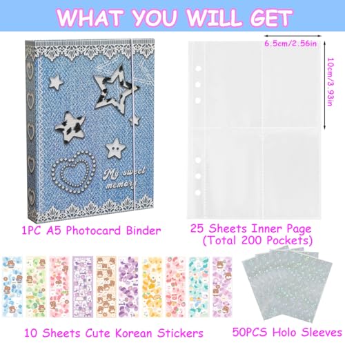 Kpop Photocard Binder with 6 Stickers Sheet & 50 Shinning Protective Sleeves Kpop Photocard Holder Book with Kpop Photocard, A5 Binder Photocard Album 30 Inner Pages with 240 Pockets (Jeans) - color: Jeans