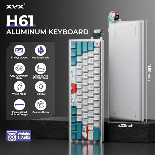 HITIME x XVX 60% Percent Keyboard with Strap, H61 Wired Aluminum Gaming Keyboard, Hot Swappable, Kanagawa Anime PBT Keycaps, RGB Backlit, Cherry Profile, Sound Absorbing Pads, Creamy Linear Switch - color: White Kanagawa