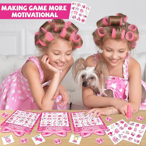 39 Pcs Pink Bow Party Bingo Game for Adults Kids 24 Players Pink Girls Party Bingo Game Cards with Reward Stickers for Family Friends Large Group Gathering Bachelorette Princess Doll Party Favors - style: Pink Girls
