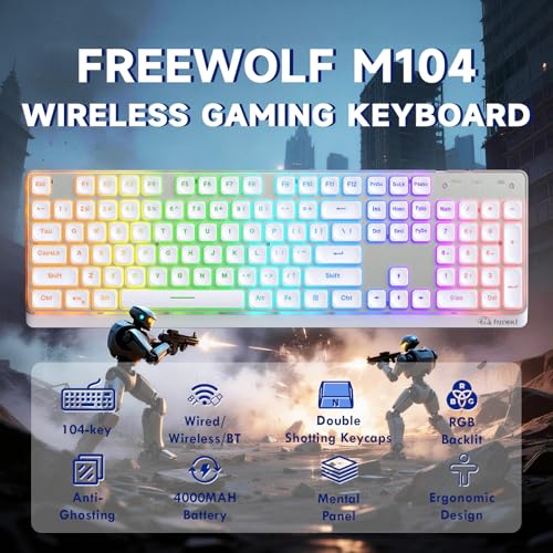 Free wolf M104 Wireless Gaming Keyboard with Numeric Keypad Tri-Mode(2.4Ghz/Wired/Bluetooth) Membrane Full Size Mechanical Feel Metal Panel RGB 4000MAH Rechargeable Quiet for PC/MAC/Win Gamer-White - color: White