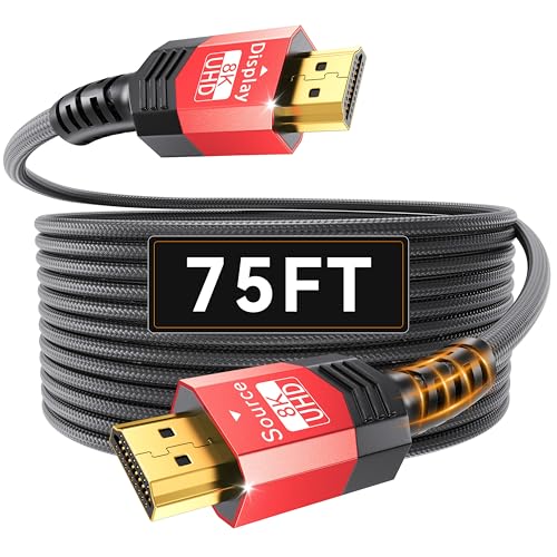 Fiber Optic HDMI 2.1 Cable 75FT,48Gbps Ultra High Speed Braided Uni-Directional Cord-8K@60Hz 4K@120Hz/144Hz HDCP 2.2&2.3 eARC DTS:X HDR10 VRR Compatible for RTX 5090/PS5/Xbox X/S/TV etc - size: 75 ft