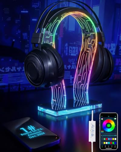 OAPRIRE Acrylic RGB Headphone Stand for Desk with Many Light Modes & Colors | Customizable 213 Lighting Modes & 60,000 Colors, with 4.8ft USB Power Cable, Universal, Sturdy, Gifts for Gamers Men
