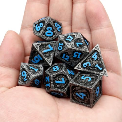 Haxtec Metal DND Dice Set Black Blue Dragon D&D Dice Set with Leather Dice Bag Metal Polyhedral Dice Compatible with Dungeons and Dragons Gifts TTRPG Dice - color: Matt Black Blue