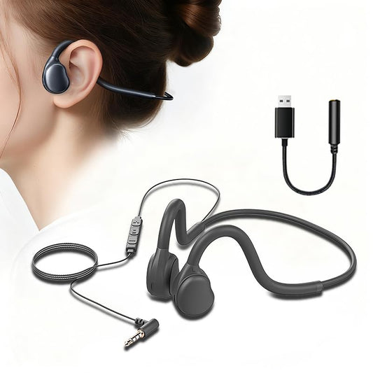 Open Ear Headphones with Microphone, Wired Air Conduction Headphones, Lightweight Flexible Open Back Headset for Phones Tablets Laptop, 3.5mm+USB Connection, 4.27 Ft Cable, Black