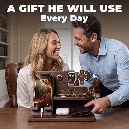 TESLYAR Wood Phone Docking Station for Men - Desk or Nightstand Organizer - Birthday Gifts for Husband, Dad - Anniversary Idea from Wife - Key Holder, Stand Wallet, Watch & Essentials (Bourbon Brown) | Mens Bedside Organiser with Key Holder, Wallet & Watc