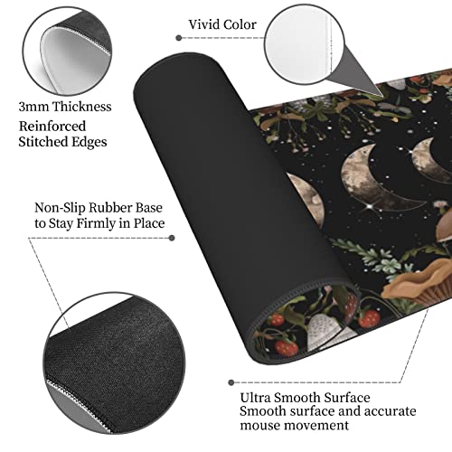 Galaxy Mouse Pad XL Extended Desk Mat, Computer Mousepad | Moon Phase Flower Mushroom Non Slip Rubber, Base Stitched Edge, Gaming Pc Large Mice Pad 31.5 x 11.8 Inch - color: Black25