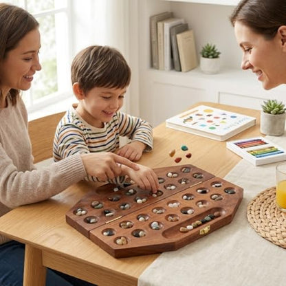Ajuny Wooden Mancala Board Game Folding Travel Set with 96 Stones 2 Player | Traditional Counting Strategy Activity for Children Grownups Family Nights Educational Entertainment Birthday Holiday Present - size: 14 Inch