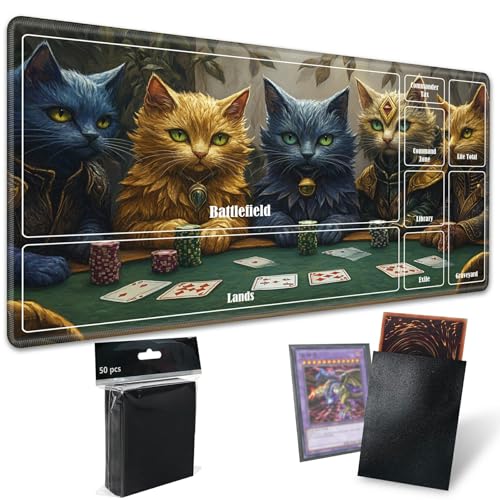 MTG Playmat with Zones, TCG Card Game Play Mat with Stitched Edges, Non-Slip Rubber Base Gaming Desk Mat, Smooth Surface 24 x 14 Inch, Cats Play Poker - color: Cats Play Poker, size: Zone 1