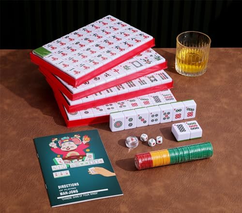 Mose Cafolo Chinese Mahjong Set X-Large 146 Numbered Melamine 1.5" Large Size Tile with Carrying Travel Case, English Manual, Pro Complete Mahjongg Game Set (Majiang, Mah Jongg) - color: Green Tiles